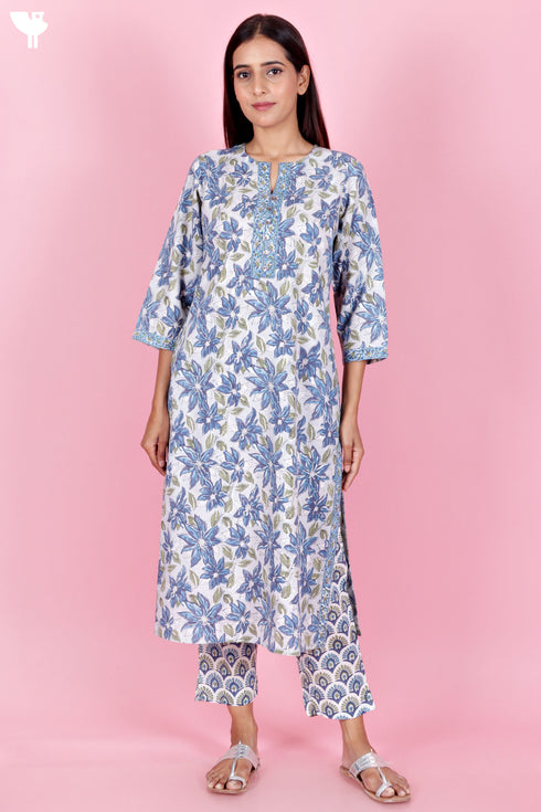 Bizzy Lizzy Kurta And Pant Set With Kota Dupatta In Block Print